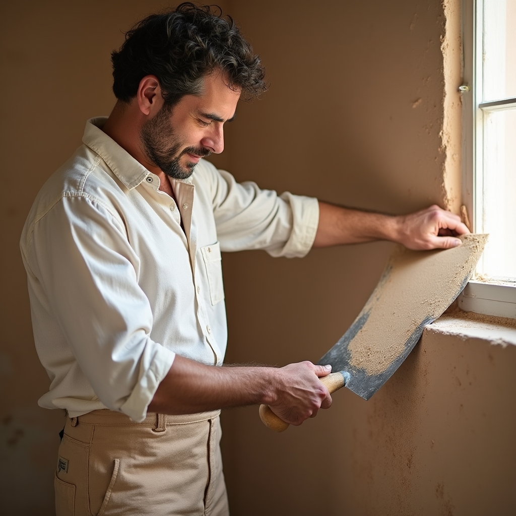 Handwerker trägt Lehmputz auf eine Wand auf